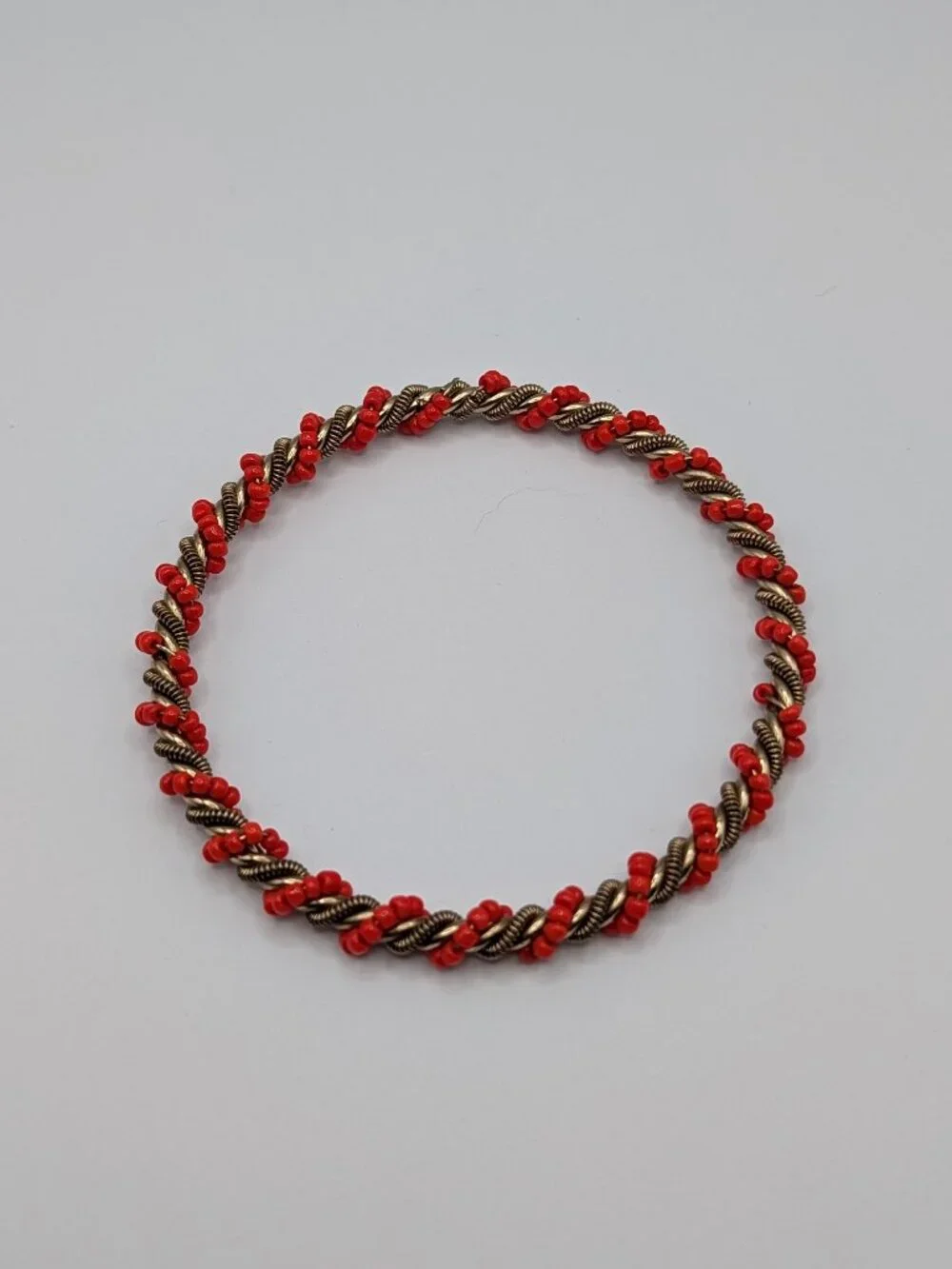 Red Seed Bead Twisted Rope Bangle Bracelet Antique Brass Boho Stacking Bangle